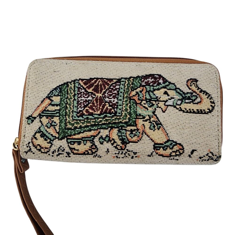 Needlepoint Elephant Wristlet Coin Purse Brown Tapestry Wallet 7x4 Zip Around